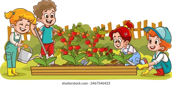 Ilustración vectorial de niños plantando flores y plantas en el jardín