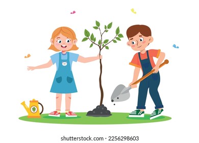 Ilustración vectorial de niños plantando un árbol. Escena de caricatura de un niño y una niña sonrientes plantando un árbol y con mariposas aisladas en fondo blanco.