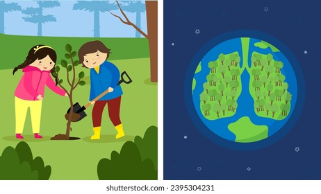 Ilustración vectorial de niños plantando árboles en el jardín. Día Mundial del Medio Ambiente.