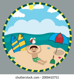 Vector Illustration of Children Play Ball On Beach, Summer Time Theme, and Beach Background