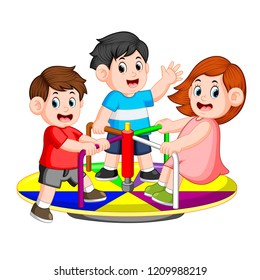 vector illustration of the children play carousel with pleasure