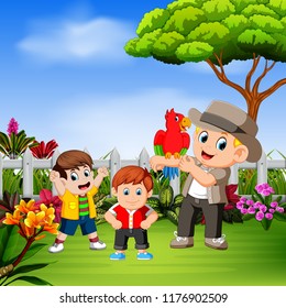 vector illustration of the children play with his uncle and the bird in the garden