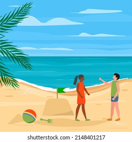 Vector illustration Children play on the seashore. Children's toys for playing on the sand. Ball, children's rake for the sandbox on the sea background. Beach family vacation, travel concept.