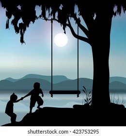 Ilustración vectorial, Los niños juegan bajo un árbol