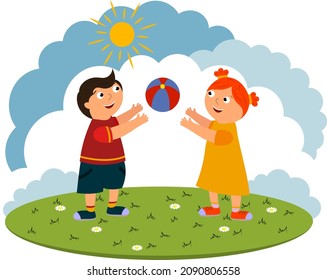 Ilustración vectorial de niños jugando con una pelota afuera en verano en la naturaleza