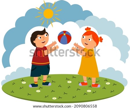 Vector illustration of children playing with a ball outside in summer in nature
