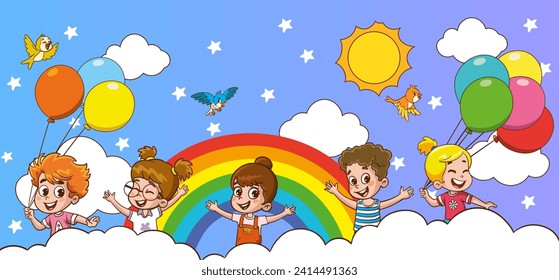 vector illustration of children playing with balloons