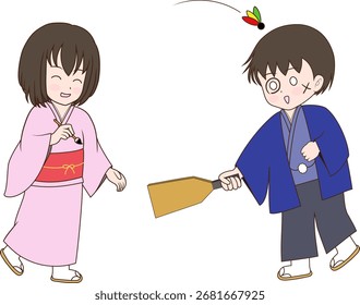 Vector illustration of children playing battledore and shuttlecock on New Year's Day