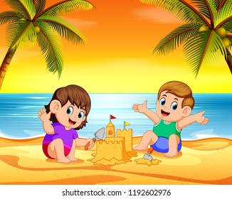vector illustration of the children playing in the beach and make the castle with the sand