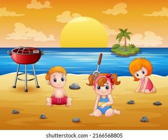 Vector illustration of Children playing at the beach 