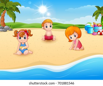 Vector illustration of Children playing at the beach 