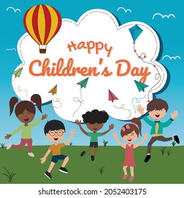 Vector illustration of children playing or celebrating Happy Children's Day with their friends. Good for printing greeting cards, event backdrops, printing banners, printing pamphlets, t-shirts, etc.
