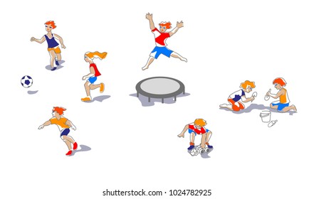 Vector Illustration of children playing at the children's playground on sunny day. Characters set.