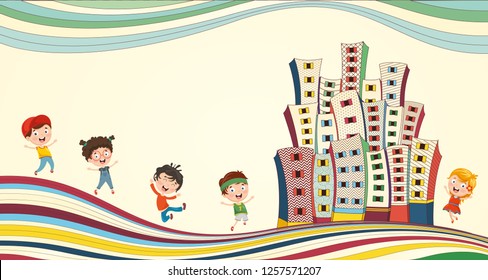 Vector Illustration Of Children Playing At City