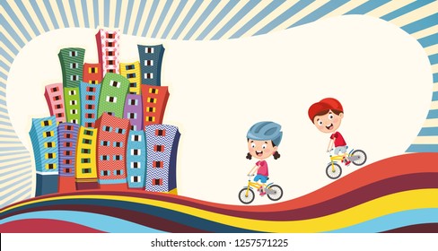 Vector Illustration Of Children Playing At City