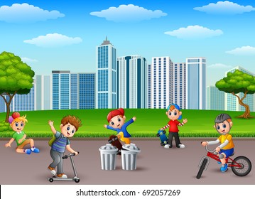 Vector illustration of Children playing in the city park