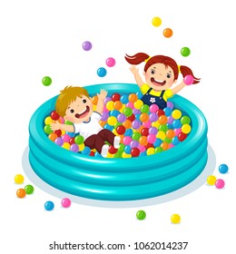 Vector illustration of children playing with colorful balls in ball pool