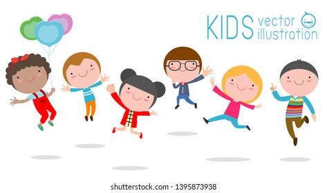 Vector Illustration Of Children Playing, cute kid jumping and dancing isolated on white background vector illustration