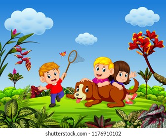 vector illustration of the children are playing with the dog and some of them are catching the butterfly