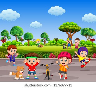 vector illustration of the children are playing and doing sport together in the road