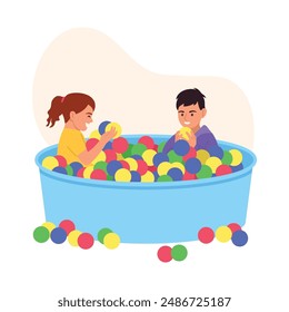 Vector illustration of children playing in a dry pool.Cartoon scene of a joyful boy and girl sitting in a dry pool with colored balls and playing, isolated on white background. Children's playrooms