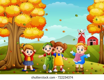 Vector illustration of Children playing in farm landscape at autumn