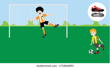 Vector Illustration Of Children Playing Football, Character Set For The Animation Education, Kids Playing Soccer