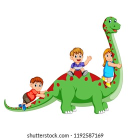 vector illustration of the children playing and holding the diplodocus's body and some of them sitting on it