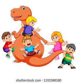 vector illustration of the children playing and holding the Tyrannosaurus Rex's body and pull his tail some of them holding his hand