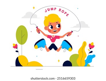 Ilustración vectorial de los niños que juegan la cuerda del salto que lleva la ropa deportiva durante las actividades deportivas interiores de la aptitud en un fondo plano de la historieta del estilo
