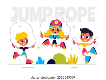 Ilustración vectorial de los niños que juegan la cuerda del salto que lleva la ropa deportiva durante las actividades deportivas interiores de la aptitud en un fondo plano de la historieta del estilo