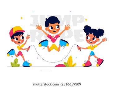 Vector Illustration of Children Playing Jump Rope Wearing Sportswear During Indoor Fitness Sport Activities in a Flat Style Cartoon Background