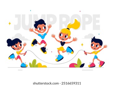Vector Illustration of Children Playing Jump Rope Wearing Sportswear During Indoor Fitness Sport Activities in a Flat Style Cartoon Background
