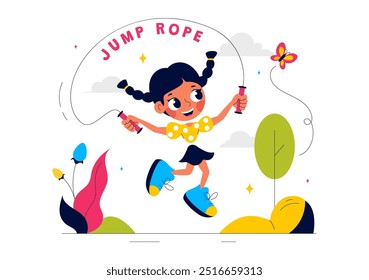 Ilustração Vetorial de Crianças Jogando Corda de Salto Vestindo Roupas Esportivas Durante Atividades Esportivas de Fitness Interior em um Plano de Fundo de Desenho Animado Estilo Plano