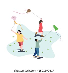 Vector illustration children playing kites in the field. Kids running around playing traditional kites. Outdor flat illustration 