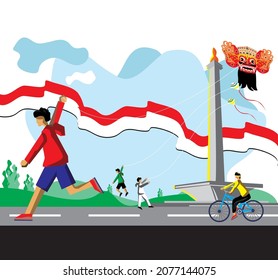 vector illustration of children playing kites at Monas Jakarta Indonesia