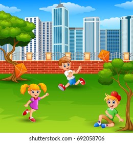 Vector illustration of Children playing kites in the park