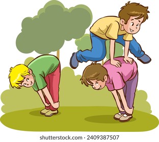 vector illustration of children playing leapfrog