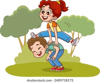 ilustración vectorial de niños jugando al salto. Niño y niña jugando juntos en el parque. Ilustración vectorial de un niño y una niña jugando en el parque.