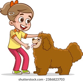 vector illustration of children playing and loving with dog