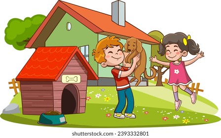 ilustración vectorial de niños jugando y amando al perro