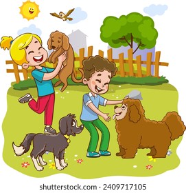 vector illustration of children playing and loving with dog