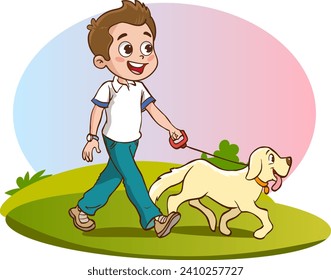 vector illustration of children playing and loving with dog