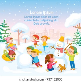 Vector Illustration With Children Playing And Making Snowman In The Snowy Park