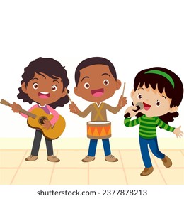 
vector illustration of children playing musical instruments and singing