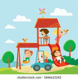 Vector illustration. Children playing on playground. Girl goes down slide, hanging on ladder. Kids swinging and playing, fooling around, having fun in fine good mood. Flat design.