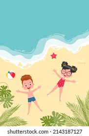 Vector illustration of children playing on the beach. They lie near the surf. View from above. vector flyer template