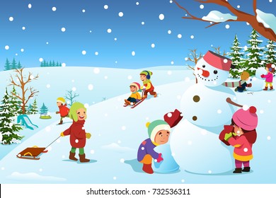 A vector illustration of Children Playing Outside During Winter