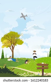 Vector Illustration of children playing in the park, Landscapespring fields with kids play together during a sunny day, Child's outdoor activities in summertime. Happy childhood.