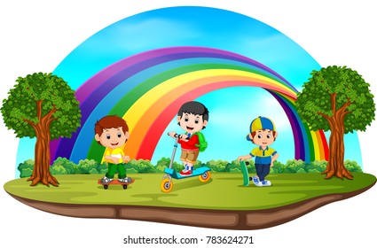 Vector illustration of Children playing in the park on rainbow day